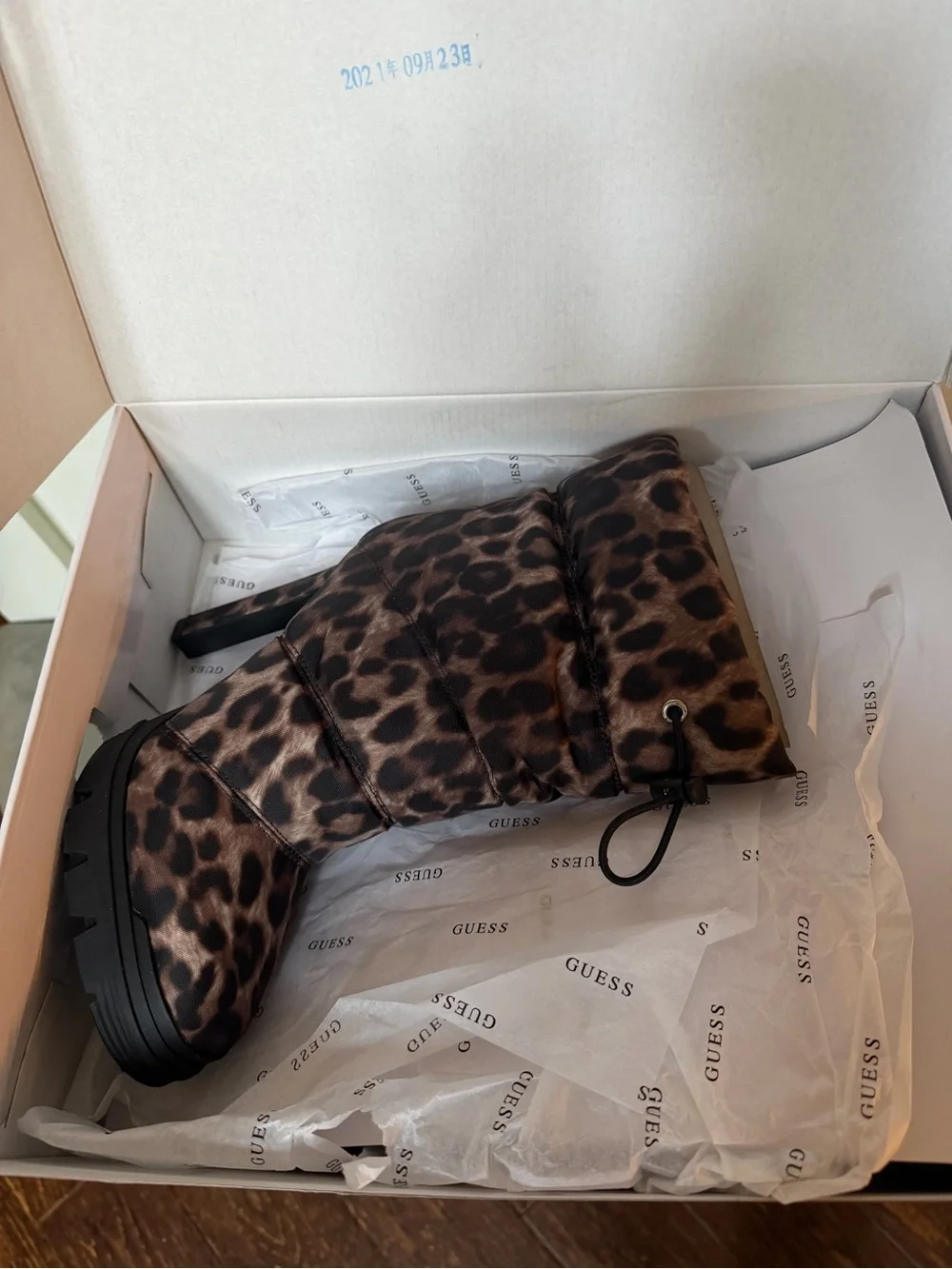 GUESS Leopard-Print Quilted High-Heel Boot in Brown and Black